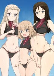 big_ass big_breasts black_bra black_panties blonde_hair blue_eyes brown_hair clara_(girls_und_panzer) girls_und_panzer huge_breasts inoshira katyusha nonna prostitute prostitution small_ass small_breasts