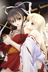 2girls blonde_hair blue_eyes breast_grab breasts brown_eyes brown_hair female female_only fishnets highres japanese_clothes kureha_(mitama_~shinobi~) large_breasts long_hair miko mitama_~shinobi~ multiple_girls ninja nipples ponytail ran_(mitama_~shinobi~) taka_tony tied_hair yuri