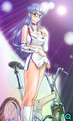 1futa behind_moon bicycle blue_hair boots bulge cameltail costume cum detached_sleeves dulce_report futa_sans_balls futanari glasses high_resolution intersex kiyose_aoi long_hair midriff miniskirt panties penis q_(artist) skirt tubetop underwear zipper