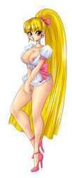 1girls 2d anna_miller blonde_hair blunt_bangs blush bow breasts character_request choker cleavage corset dress earrings female female_only hair hairbow heart high_heels highres human human_female human_only jewelry large_breasts legs lips lipstick long_hair nipple_slip nipples no_bra original panties pink_eyes ponytail shayeragal short_dress simple_background solo standing tied_hair underwear very_long_hair waitress yellow_hair