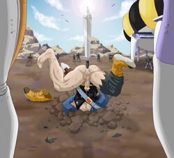 1boy 2d anal_insertion censored dragon_ball dragon_ball_z freeza frieza gay insertion king_cold male male_only male_penetrated penis smooth_skin sword torn_clothes trunks_(dragon_ball) trunks_briefs upside-down weapon yaoi