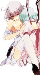 2d 2girls blue_hair breast_grab breast_sucking breasts drooling female female_only multiple_girls nipples no_bra open_clothes open_mouth open_shirt red_eyes remilia_scarlet sakuya_izayoi shirt short_hair silver_hair siskin the_embodiment_of_scarlet_devil thighhighs touhou white_legwear white_thighhighs wings wrist_cuffs wristband yuri