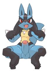 1boy 2019 anthro ass big_ears black_fur blue_fur blush bottom_heavy canine erection eye_contact feet foreskin front_view fur half-closed_eyes hi_res huge_penis humanoid_penis kesu_pu looking_at_viewer lucario male male_only mammal nintendo no_nipples nude open_mouth paws penis pokemon pokemon_(species) pokemon_dppt red_eyes simple_background sitting smile solo teeth testicles thick_thighs tongue video_games wide_hips yellow_fur