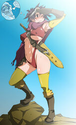 brown_hair cameltoe cape dragon_quest dragon_quest_iii heroine_(dq3) kunifuto large_breasts one-piece_swimsuit roto short_hair stockings sweat swimsuit sword thighhighs weapon