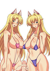 2girls animal_ear bikini blush cameltoe censored highres kanokon minamoto_chizuru minamoto_tamamori multiple_girls nipples penis slashcat sling_bikini smile swimsuit tamamo wink