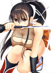 1girls black_hair bow breasts female female_only fishnets hairbow hanging_breasts highres large_breasts mitama_~shinobi~ ninja nipples ponytail ran_(mitama_~shinobi~) solo taka_tony tied_hair