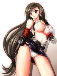 bare_shoulders big_breasts blush breasts brown_hair earrings elbow_gloves female female_only final_fantasy final_fantasy_vii fingerless_gloves gloves goma_azarasi human jewelry large_breasts long_hair midriff miniskirt nipples panties pussy red_eyes see-through sesame_(pixiv924742) shirt_lift skirt solo straight_hair suspenders sweat tifa_lockhart uncensored underwear upskirt very_long_hair wet_clothes wet_panties wet_shirt