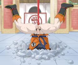 1boy 2d beige_skin censored color dragon_ball dragon_ball_z gay male male_anal male_only male_penetrated penis smooth_skin solo son_goku staff upside-down yaoi