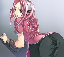 anal_insertion ass bent_over bike_shorts black_eyes bondage bound_arms bsdm chains cuffs cum cum_in_mouth cum_on_tongue facial female female_only forehead_protector from_behind fully_clothed human insertion latex looking_back naruto naruto_(classic) open_mouth pink_hair sakura_haruno shackles shorts skin_tight solo straight_hair tasaka_shinnosuke tongue torogao vaginal_penetration