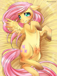 2012 blush crotchboob crotchboobs cutie_mark equine female fluttershy_(mlp) friendship_is_magic green_eyes hair horse my_little_pony navel nipples on_back pegasus pink_hair pony pussy racoonkun simple_background solo wings