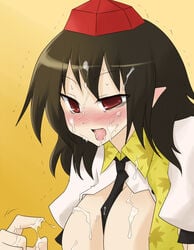 black_hair blush brown_eyes clothes color cum facial female female_only hair hat open_clothes open_eyes open_mouth oro_(zetsubou_girl) pointy_ears shameimaru_aya solo tokin_hat tongue touhou