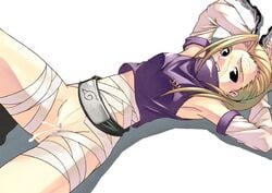 armpits arms_behind_head arms_up bandage bandages black_eyes blonde_hair bottomless censored chains cum cum_on_body cum_on_clothes cum_on_lower_body cum_on_pussy facial female female_only forehead_protector from_above human ino_yamanaka ino_yamanaka(genin) long_hair lying naruto naruto_(classic) no_panties on_back pussy sexy_armpits solo tasaka_shinnosuke young