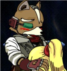 animated animated_gif anthro blonde_hair closed_eyes clothes color crossover fellatio female fingerless_gloves fox fox_mccloud fur furry gif gloves hair hand_on_head human human_on_anthro interspecies lowres male metroid nintendo oral oral_sex ponytail samus_aran sex star_fox straight sucking super_smash_bros. tied_hair