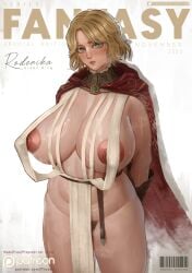 1girls alternate_ass_size alternate_breast_size areola_slip big_ass big_breasts blonde_hair cape elden_ring female female_only female_pubic_hair fromsoftware huge_breasts light-skinned_female magazine_cover proado pubic_hair roderika_(elden_ring) sweat thick_thighs wet