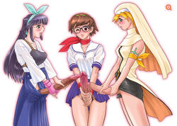 armor behind_moon blonde_hair brown_hair futa_sans_balls futanari glasses gloves hair hairband high_resolution huge_cock intersex penis purple_hair q_(artist) skirt uncensored