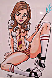 breasts brown_eyes brown_hair cameltoe female harry_potter hermione_granger high_heels josh_howard medium_breasts navel nipples no_bra open_clothes open_shirt panties platform_shoes shirt sitting solo spread_legs tie wand