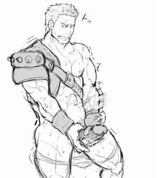 abs bara big_penis dieck_(fire_emblem) fire_emblem fire_emblem:_the_binding_blade gay human manly masculine masturbation partially_clothed scar standing sweat sweating sweaty yaoi