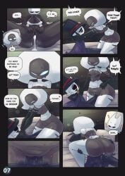 1girls 2girls anti_groove belty42 big_ass big_breasts big_butt big_penis big_thighs blue_eyes bug comic cowgirl_position english english_text femdom grey_body hollow_knight hollow_knight:_silksong hornet_(hollow_knight) jealous jealous_female lace_(hollow_knight) small_breasts sweat top_hat tophat torn_clothes torn_clothing vaginal_penetration vaginal_sex