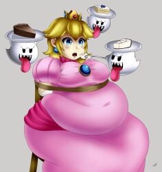 ashenwolf55 bbw boo_(mario) cake cake_slice chair chubby chubby_female crown earrings fat fat_female fat_fetish feederism feeding female force_feeding ghost mario_(series) princess princess_peach restrained tied_to_chair