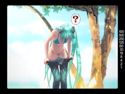 1girls ? aqua_hair bikini bikini_top blue_jeans breasts censored color colored_pubic_hair denim female female_only female_pubic_hair flat_chest green_hair hatsune_miku jeans leaning_forward long_hair looking_down navel open_fly panties pants_pull panty_pull pubic_hair recording solo swimsuit takouji tied_hair tree twintails underwear undressing unzipped very_long_hair viewfinder vocaloid voyeurism wardrobe_malfunction watching wokada