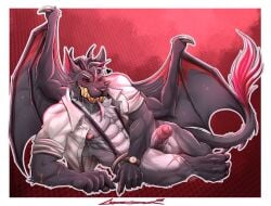 abs absurd_res anthro balls black_body black_fur black_horn black_sclera bodily_fluids bottomless bottomless_anthro bottomless_male bulge canid canine canis chimera claws clock clothed clothing crazydrak demon demonic_wings digital_media_(artwork) forked_tongue fur genital_fluids genitals hair hi_res horn humanoid_genitalia humanoid_penis hybrid looking_at_viewer male mammal muscular muscular_anthro muscular_male on_ground penis precum red_eyes shirt simple_background smile smiling_at_viewer solo suspenders tongue tongue_out topwear unbuttoned_shirt wolf