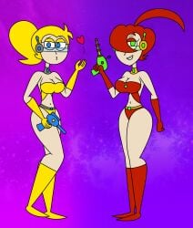 2024 2girls bikini_only boots detailed_background drawing duo_female female gloves grinning half-closed_eyes harper_(jjsponge120) headgear heart_symbol holding_gun kissing la-artist322_(artist) lexi_(jjsponge120) long_boots long_gloves original_character original_characters ponytail_female posing posing_with_weapon purple_background red_bikini red_bikini_bottom red_bikini_top red_gloves red_hair red_suit revealing_clothes revealing_outfit short-haired_female smile space_background space_girl spacesuit tagme yellow_bikini_top yellow_bottom yellow_gloves yellow_hair yellow_suit