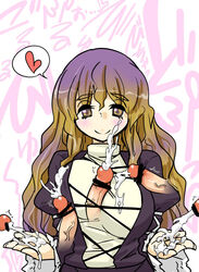 blush breasts brown_hair censored cum cum_on_clothes facial female gradient_hair happy_facial heart hijiri_byakuren huge_breasts long_hair magic_penis multicolored_hair multiple_penises paizuri paizuri_over_clothes penis purple_hair seki_(red_shine) smile solo spoken_heart touhou turtleneck yellow_eyes