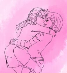 birch_small denim_shorts hair_ribbon hugging kiss_on_nose kneehighs lifting_person long_sleeves miniskirt my_life_me pink_background ponytail sandra_le_blanc short_hair short_sleeves spiked_bracelet spiked_collar yuri