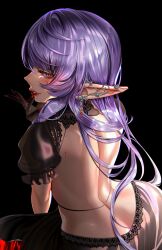 bite_mark blood earrings elf_ears looking_over_shoulder myuutew open_back_dress purple_eyes purple_hair spine_line vampire vampire_girl
