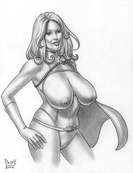 areola breasts_out costume dc huge_breasts looking_at_viewer monochrome nipples pose power_girl puffy_areola sagging_breasts sean_patty