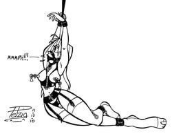 artist_signature black_and_white bondage female gag gagged hands_tied_above_head nipple_clamps pelzig solo solo_female webcomic yenny yenny_lopez