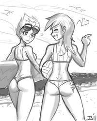 2girls ass beach bikini breasts closed_eyes cutie_mark friendship_is_magic hourglass_figure human humanized john_joseco monochrome multiple_females my_little_pony open_mouth pointing rainbow_dash_(mlp) rough_sketch smooth_skin spitfire spitfire_(mlp) sunglasses sunglasses_on_forehead sunglasses_on_head surfboard swimsuit volleyball_(ball) wonderbolts_(mlp)