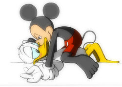 2boys disney donald_duck gay male male_only mickey_mouse multiple_males restrained white_background yaoi