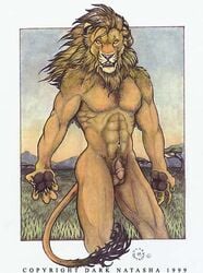 1990s 1998 20th_century 5_fingers abs anthro balls biceps biped border brown_balls brown_claws brown_fur brown_mane brown_tail claws dark_natasha detailed_background feline flaccid front_view fur glans grass humanoid_penis lion looking_at_viewer male male_only mammal mane muscular muscular_male navel nipples nude outside_border pecs penis pink_nipples pink_nose pink_penis portrait pubes savanna serratus signature solo standing tail_tuft three-quarter_portrait traditional_media_(artwork) tree tuft white_border