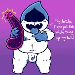 2022 balls belly blue_clothing blue_glans blue_gloves blue_handwear blue_nipples blue_tongue blush chubby clothing darkner deltarune dialogue dildo english_text front_view gay genitals glans gloves gradient_background handwear holding_dildo holding_object holding_sex_toy humanoid humanoid_dildo humanoid_genitalia humanoid_penis lancer_(deltarune) looking_at_viewer male male_only mostly_nude nipples not_furry open_mouth open_smile penis penis_dildo purple_background sex_toy simple_background sinribbons small_penis smile solo solo_male spades_(suit) standing suit_symbol talking_to_viewer teeth text tiny_penis tongue tongue_out undertale_(series) white_balls white_body white_penis