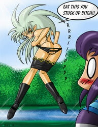 2girls anus ass ayeka_masaki_jurai bent_over blush breasts female female_only long_hair looking_back multiple_girls purple_hair pussy ryoko_hakubi sseanboy23 tenchi_muyo! torn_clothes undressing