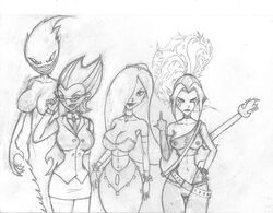 arabian areolae breasts cleavage danny_phantom desiree ember_mclain female_only gesture hair_over_one_eye middle_finger monochrome nipples penelope_spectra see-through sketch