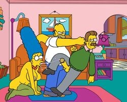 blue_hair breasts clothes color cum female hair homer_simpson human male marge_simpson multiple_males ned_flanders nipples penis punch side_view sitting standing straight tagme testicles the_simpsons violence yellow_skin