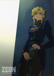 1girls 2004 blonde_hair breasts curvaceous female gundam gundam_lost_war_chronicles human jane_conty kitahara_aki large_breasts light-skinned light_skin masturbation military_uniform pantyhose short_hair skirt_lift solo tagme uniform zeon