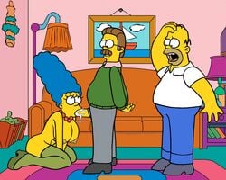 1girls 2boys akabur big_breasts black_shoes blowjob blue_hair blue_pants boots_only breasts brown_hair cheating cheating_husband cheating_wife clothed clothed_sex clothes collared_shirt color couch cuckold cum digital_media_(artwork) fellatio female green_sweater grey_pants hair hi_res homer_simpson human insertion lamp living_room male marge_simpson multiple_males ned_flanders netorare nipples ntr oral painting_(object) pearl_necklace penis pink_shirt rug side_table side_view sitting sofa standing straight sweater the_simpsons thighhigh_boots uncensored white_shirt yellow_skin