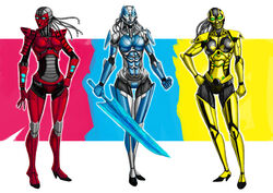 2011 3girls blue_skin breasts cybernetics cyborg cyrax female female_only hi_res highres mortal_kombat red_skin rule_63 sektor sub-zero sword unknown_artist yellow_skin