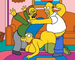 blue_hair breasts clothes color cum fellatio female hair homer_simpson human indoors insertion male marge_simpson multiple_males ned_flanders nipples oral penis sex side_view sitting standing straight the_simpsons violence yellow_skin