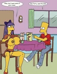 aged_up bart_simpson big_breasts bow breasts clothes clothing color female flashing human indoors lipstick male no_panties no_underwear purple_hair pussy sitting skirt tagme terri_mackleberry the_fear the_simpsons vulva