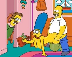 blue_hair breasts clothes color female hair homer_simpson human male marge_simpson multiple_males ned_flanders nipples sex side_view sitting standing straight tagme the_simpsons yellow_skin