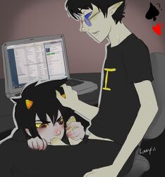 2boys black_hair blowjob blue_eyes blush chair clothing computer diphallia diphallism gay glasses grey_skin heart homestuck horns karkat_vantas male male_only ms_paint_adventures multi_penis oral penis pointy_ears precum red_eyes sharp_teeth short_hair sollux_captor spade troll