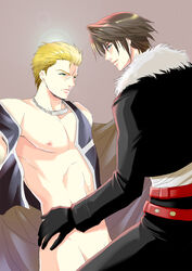 2boys belt black_jacket black_pants blonde_hair blue_eyes brown_hair clothed_male_nude_male cmnm final_fantasy final_fantasy_viii fur_collar fur_trim gloves green_eyes hair highres human jacket male male_only multiple_males nipples nude scar seifer_almasy squall_leonhart undressing yaoi