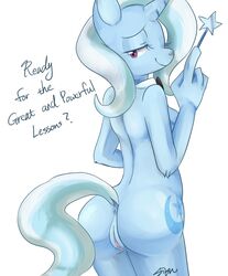 anthro anus aosion back_turned bedroom_eyes blue_fur breasts clitoris cutie_mark equine female friendship_is_magic fur hair hooves horn horse long_hair looking_at_viewer looking_back mammal my_little_pony plain_background pony presenting purple_eyes pussy raised_tail silver_hair smile solo standing text trixie_(mlp) two_tone_hair unicorn wand