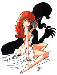 1girls arsene_lupin_iii ass back bare_shoulders barefoot black_eyes breasts brown_eyes brown_hair color colored curvaceous dan_kellaway dk feet female gun human large_breasts light-skinned_female light_skin long_hair lupin_iii mine_fujiko naked nude red_hair shadow sideboob smile smiling tagme uncensored weapon white_background