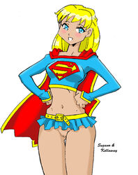 1girls belly beltskirt blonde_hair blue_eyes blue_shirt blue_skirt blush bottomless dan_kellaway dc female female_only hands_on_hips legs light_blue_eyes looking_at_viewer miniskirt no_panties pussy skirt smile solo standing sugano supergirl superheroine white_background