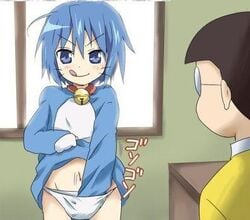 1girls 2009 blue_eyes blue_hair doraemon doraemon_(character) female light_skin male nobita_nobi panties pocket punchiki rule_63 short_hair tagme